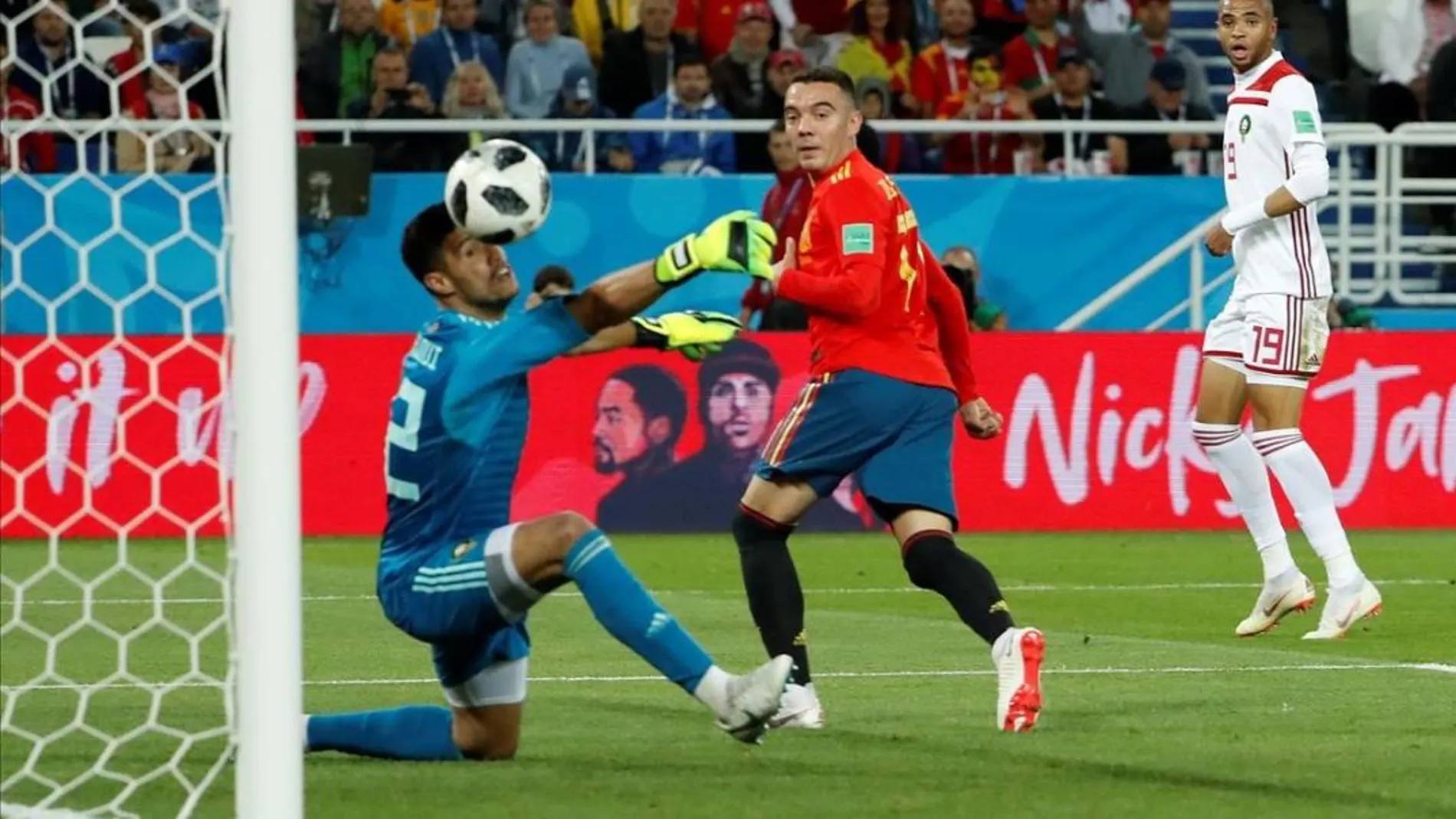 Iago Aspas anota un gol ante Marruecos durante la fase de grupos del Mundial de Rusia