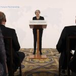 Theresa May durante su intervención en Londres sobre las negociaciones del brexit/Reuters