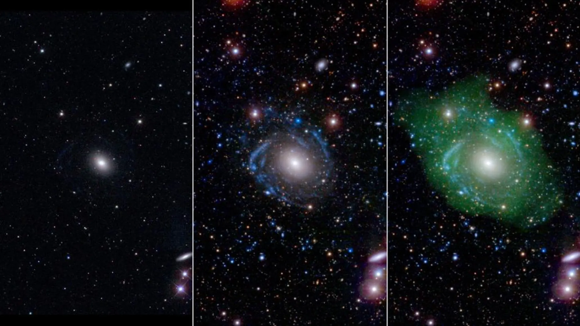 A la izquierda, UGC 1382 aparece como una simple galaxia elíptica. Pero sus brazos en espiral emergen cuando los astrónomos aplican distintas formas de observación, hasta comprobar que es una galaxia gigante.