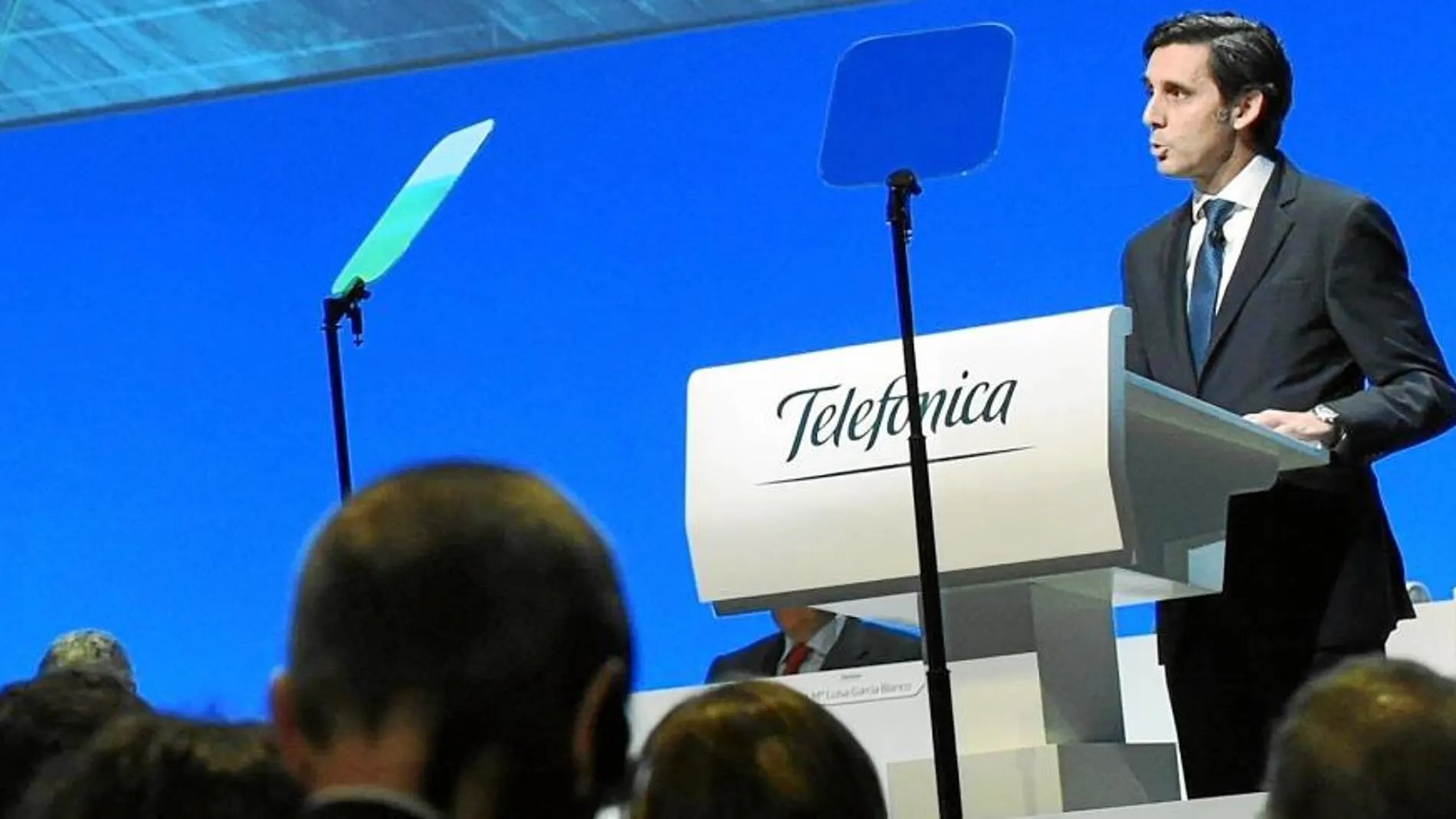 El presidente de Telefónica, José María Álvarez-Pallete, durante la celebración de la junta de accionistas