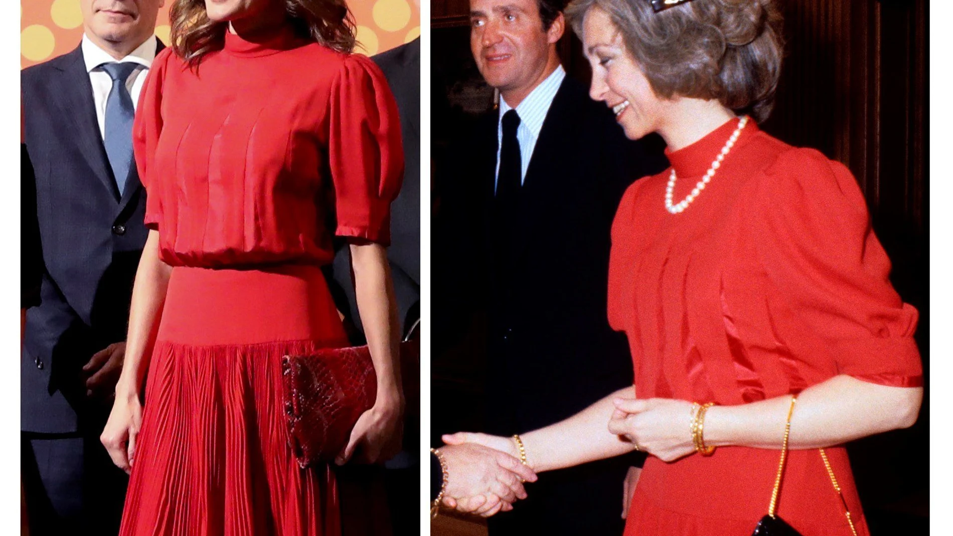Doña Letizia esta mañana y Doña Sofía en 1980 con el mismo vestido/Foto Efe