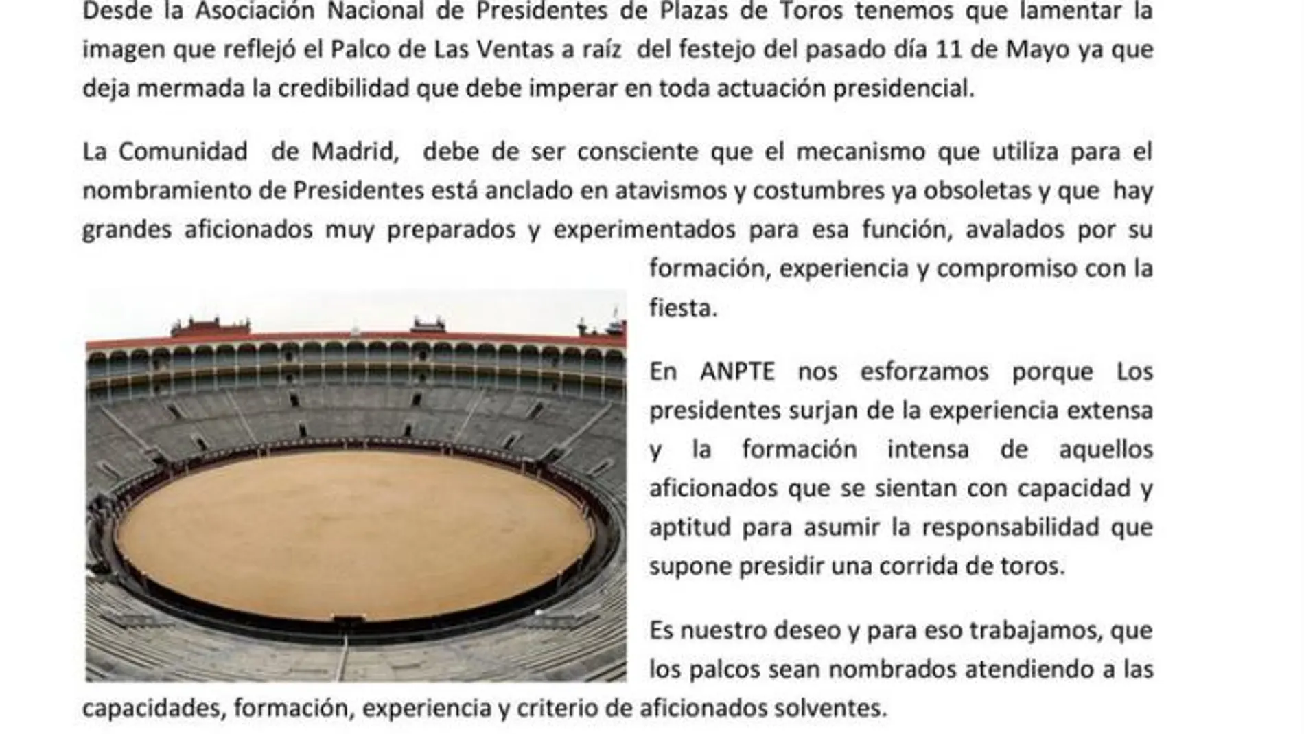 Nota de prensa publicada por la Asociación Nacional de Presidentes de Plazas de Toros