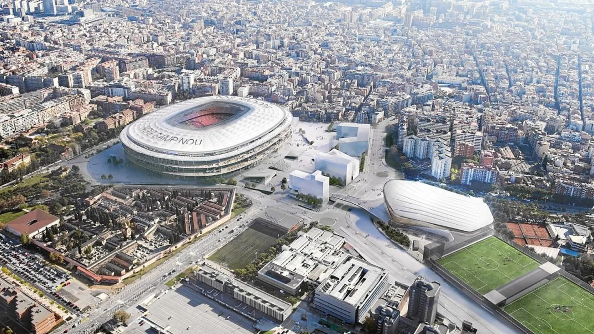 Imagen virtual de la futura remodelación del Camp Nou y su alrededores en el barrio de les Corts