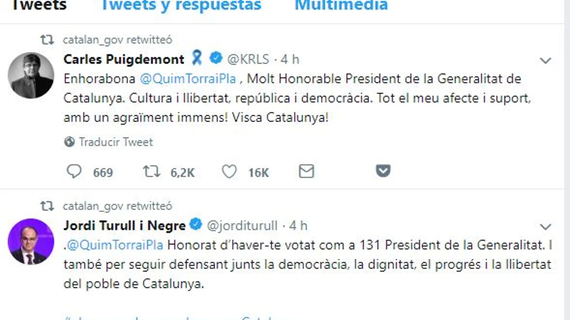 Puigdemont, el «130è President de Catalunya», felicita al President Torra ¿Cuántos presidentes hay?
