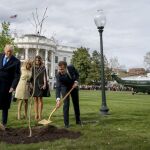Melania Trump y Brigitte Macron observan a sus maridos, Donald Trump y Emmanuel Macron, plantando un árbol en los jardines de la Casa Blanca el pasado 23 de abril / Ap