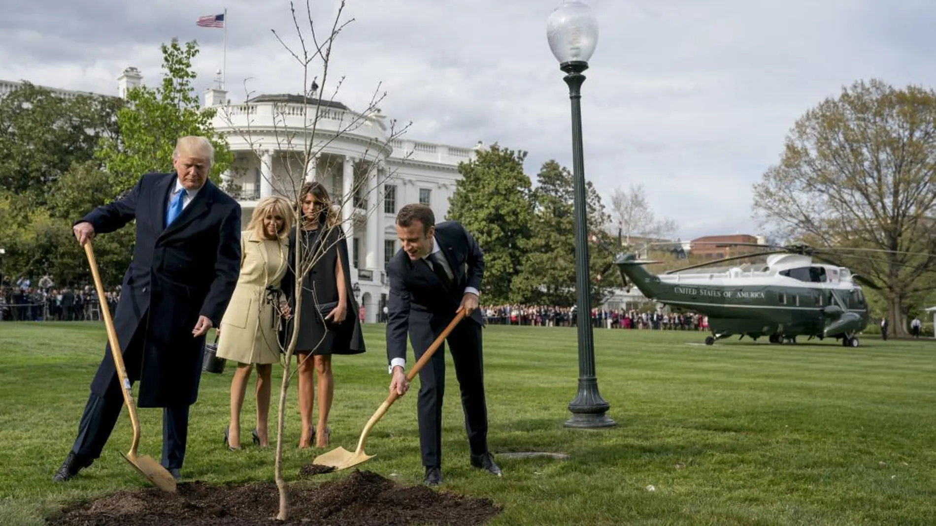 Melania Trump y Brigitte Macron observan a sus maridos, Donald Trump y Emmanuel Macron, plantando un árbol en los jardines de la Casa Blanca el pasado 23 de abril / Ap