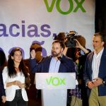 Iván Espinosa de los Monteros, Rocío Monasterio, Santiago Abascal y Javier Ortega Smith en el acto de celebración de Vox tras conocer los resultados del 28A