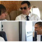 Arriba, el presidente español, Pedro Sánchez, a bordo del avión oficial «Falcon». Abajo, el expresidente de EE UU Barack Obama, en el «Air Force One»