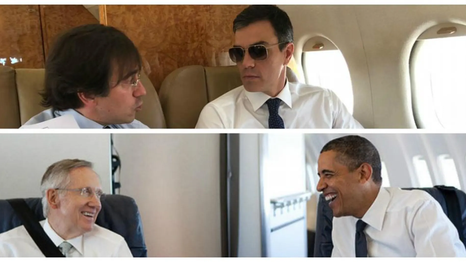 Arriba, el presidente español, Pedro Sánchez, a bordo del avión oficial «Falcon». Abajo, el expresidente de EE UU Barack Obama, en el «Air Force One»