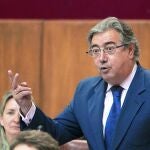 El presidente del PP andaluz, Juan Ignacio Zoido, formula una pregunta relativa a la calidad de vida de los andaluces durante la sesión de control al ejecutivo que ha tenido lugar hoy, 9 de Mayo de 2013, en la cámara regional en Sevilla.