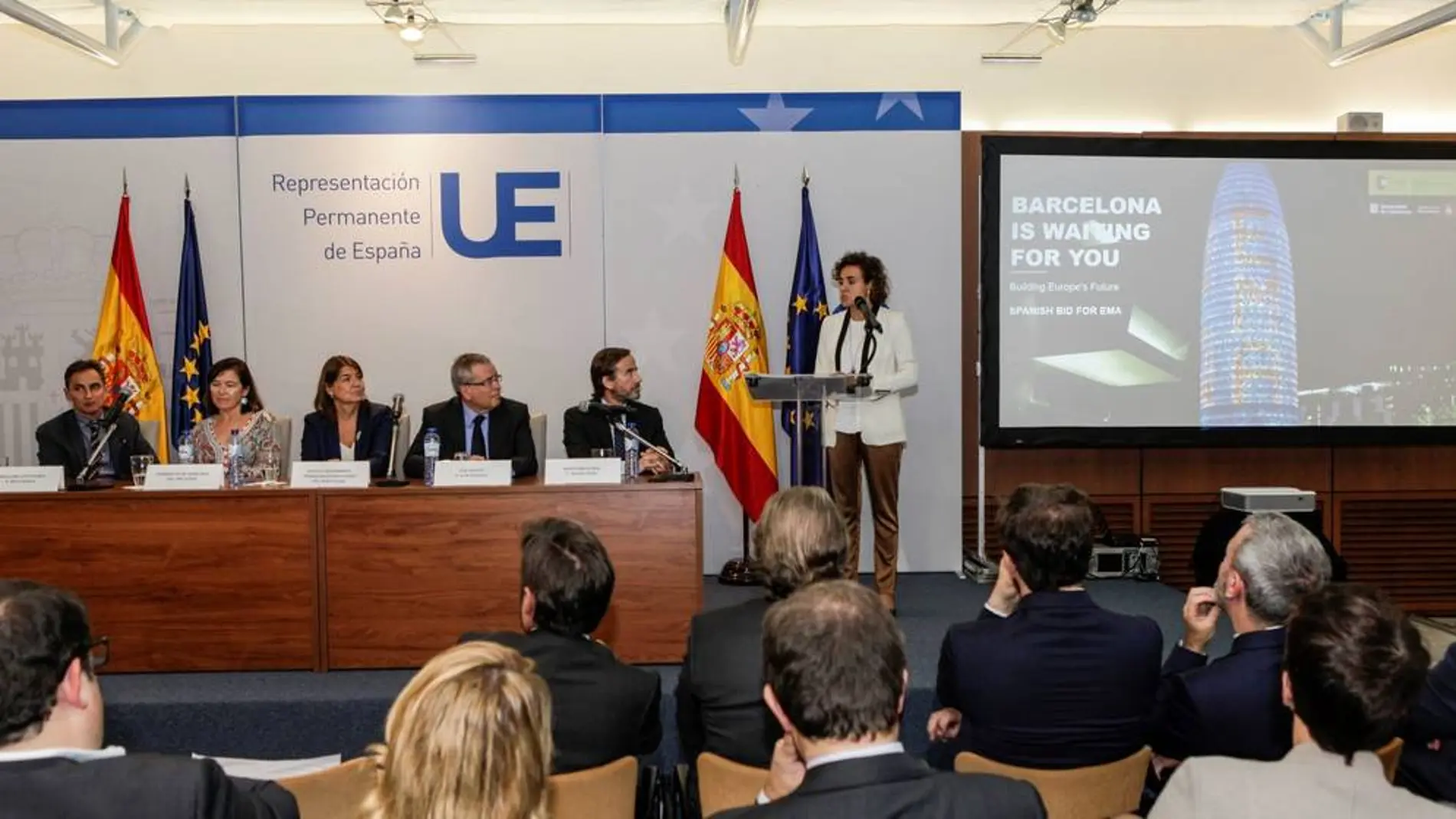 La ministra de Sanidad (Dolors Montserrat) durante la presentación de la candidatura de Barcelona para albergar la sede de la Agencia Europea del Medicamento/EFE