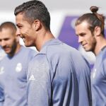 Cristiano Ronaldo, Gareth Bale y Karim Benzema, en el entrenamiento de ayer en Valdebebas