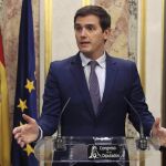Albert Rivera, durante su comparecencia ante los medios en el Congreso tras la finalización de la sesión de control al Gobierno y después de la comparecencia del presidente del Gobierno , Mariano Rajoy
