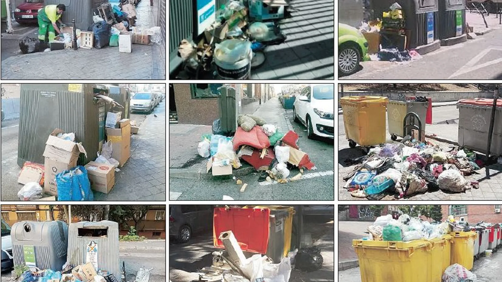 Imágenes de la acumulación de basura en algunas calles de Usera como las de Nicolás Sánchez, Elisa, Eugenio Caxes, Santa María de la Cabeza, Marcelo Usera o San Magín, entre otras