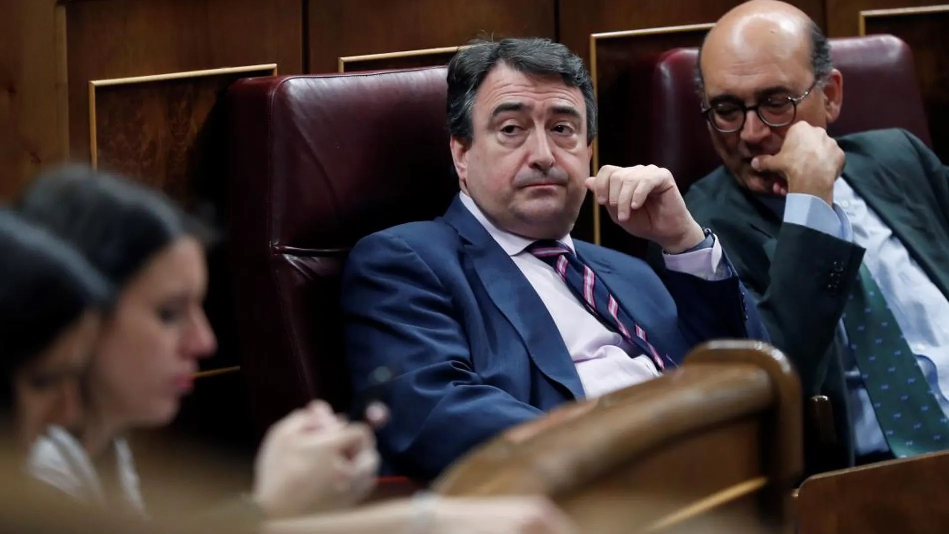 El portavoz del PNV en el Congreso, Aitor Esteban (c), durante el pleno del Congreso de los Diputados, ayer / Efe
