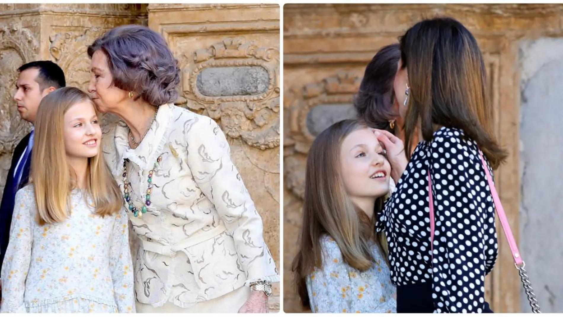 La reina Letizia limpia un beso de la cara de doña Leonor. GTRES