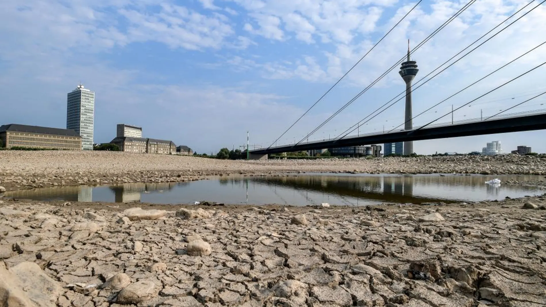 Vista general del cauce seco del río Rin en Duesseldorf (Alemania). Allí se espera que los niveles del agua sigan disminuyendo en los próximos días debido a la fuerte ola de calor que se vive por estos días en varios países. Foto: EFE/SASCHA STEINBACH