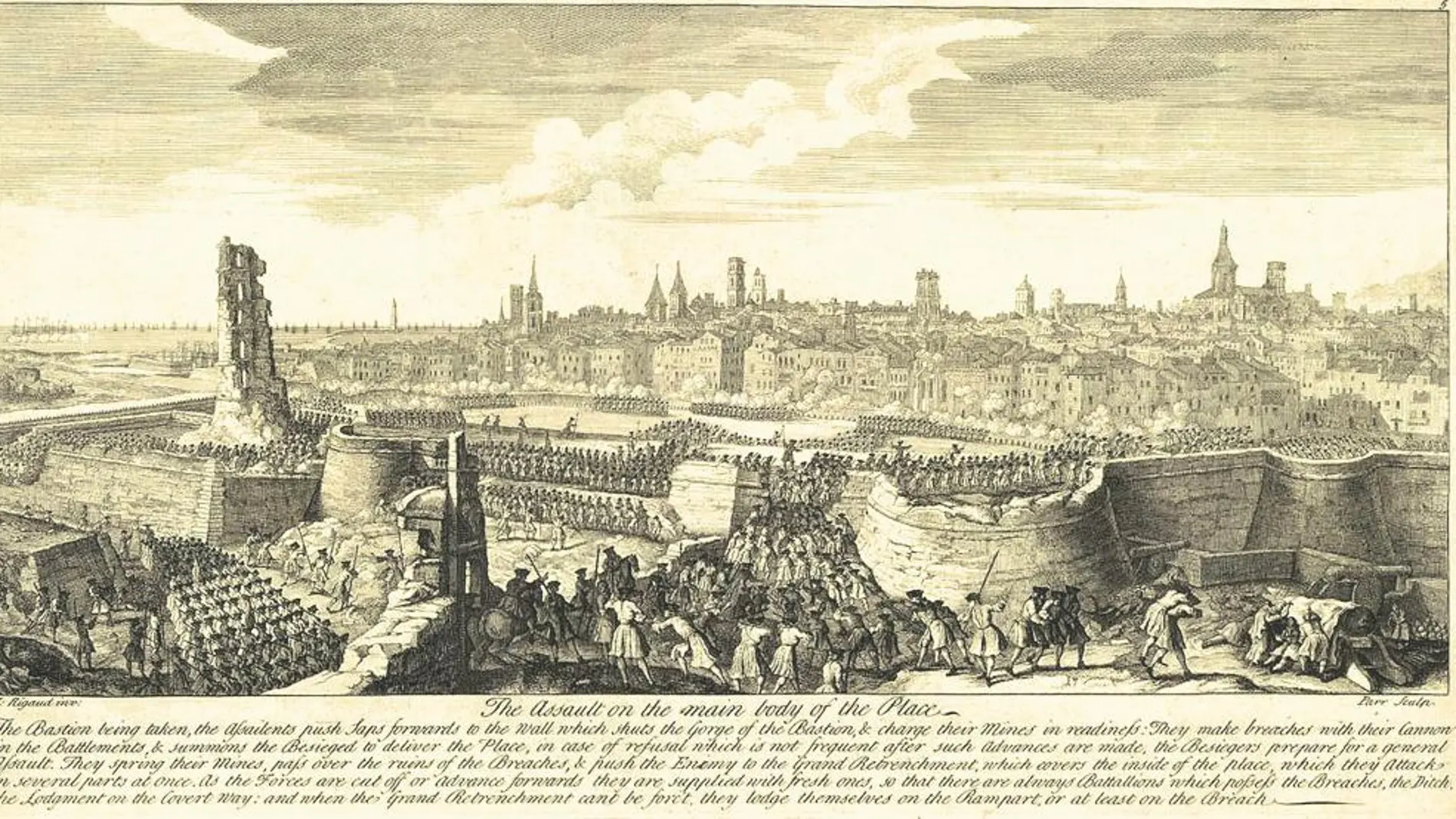ASEDIO FINAL.Grabado de la ciudad de Barcelona durante el 11 de septiembre de 1714