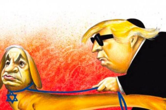 El presidente estadounidense, Donald Trump, representado como un ciego guiado por un perro cuya cara es la de Benjamin Netanyahu, el primer ministro israelí