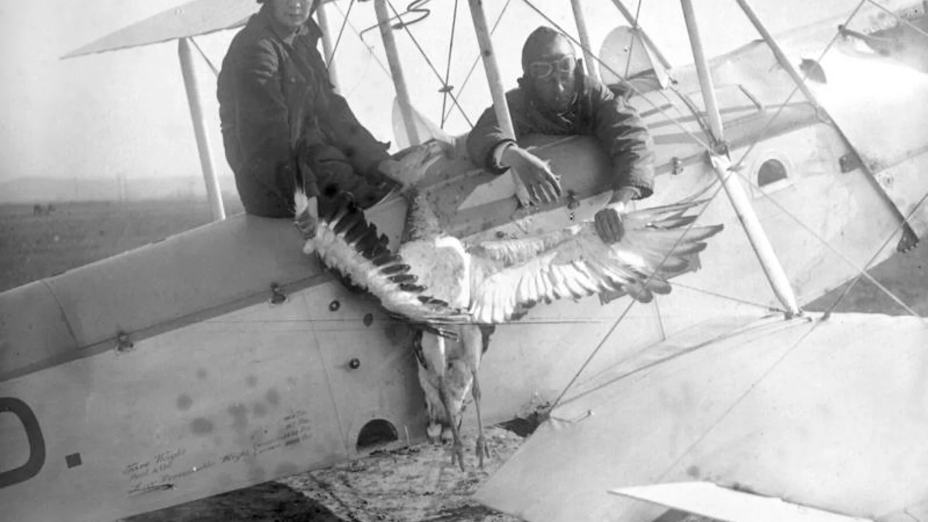 Díaz de Lecea (derecha), miembro del Hyperclub, con una avutarda muerta en el aeródromo de Getafe (1929)