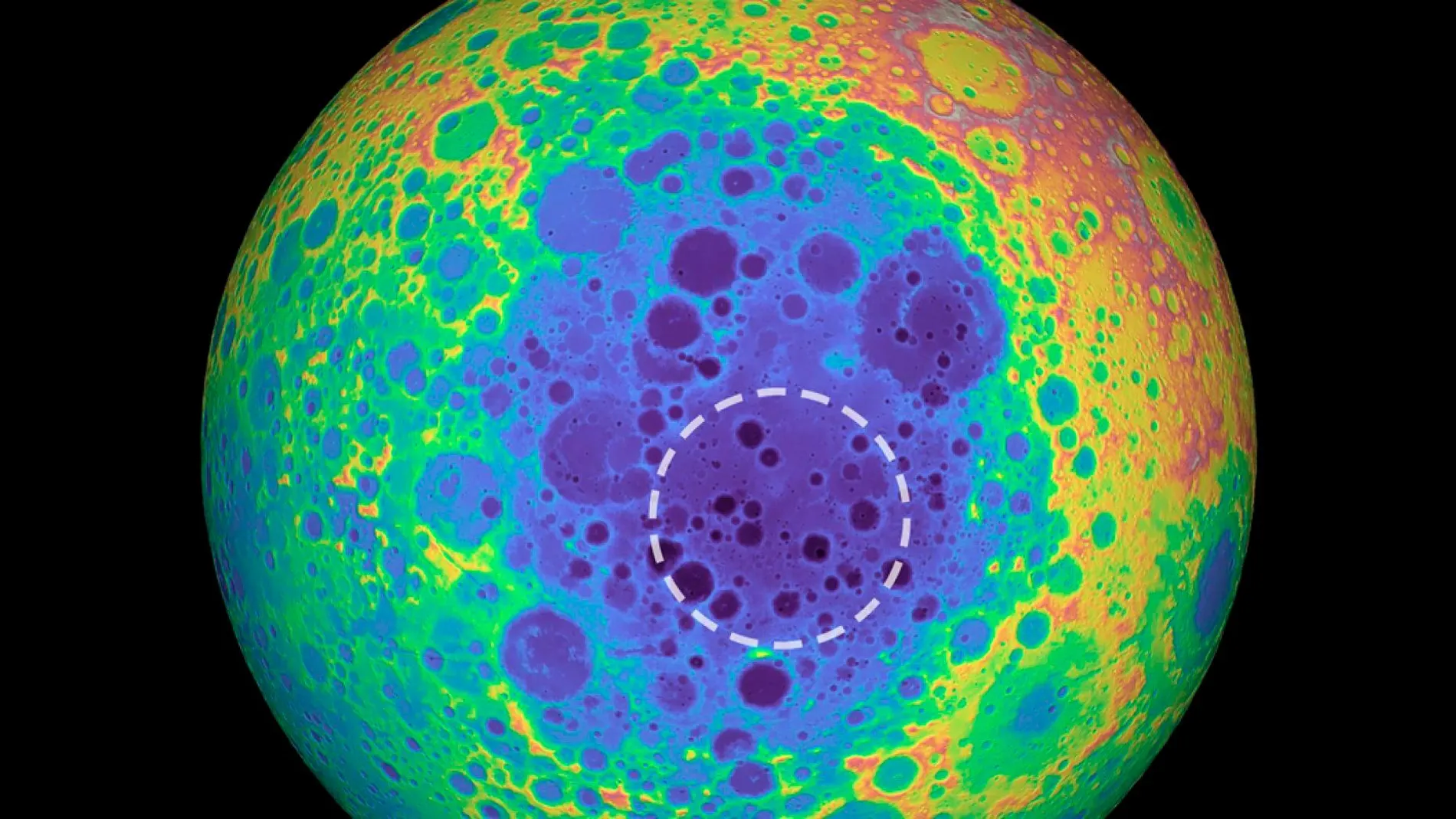 Infografía de la topografía de la Luna, en la que el color azul corresponde a la cuenca de Aitken y el círculo señala el tamaño de la masa enterrada