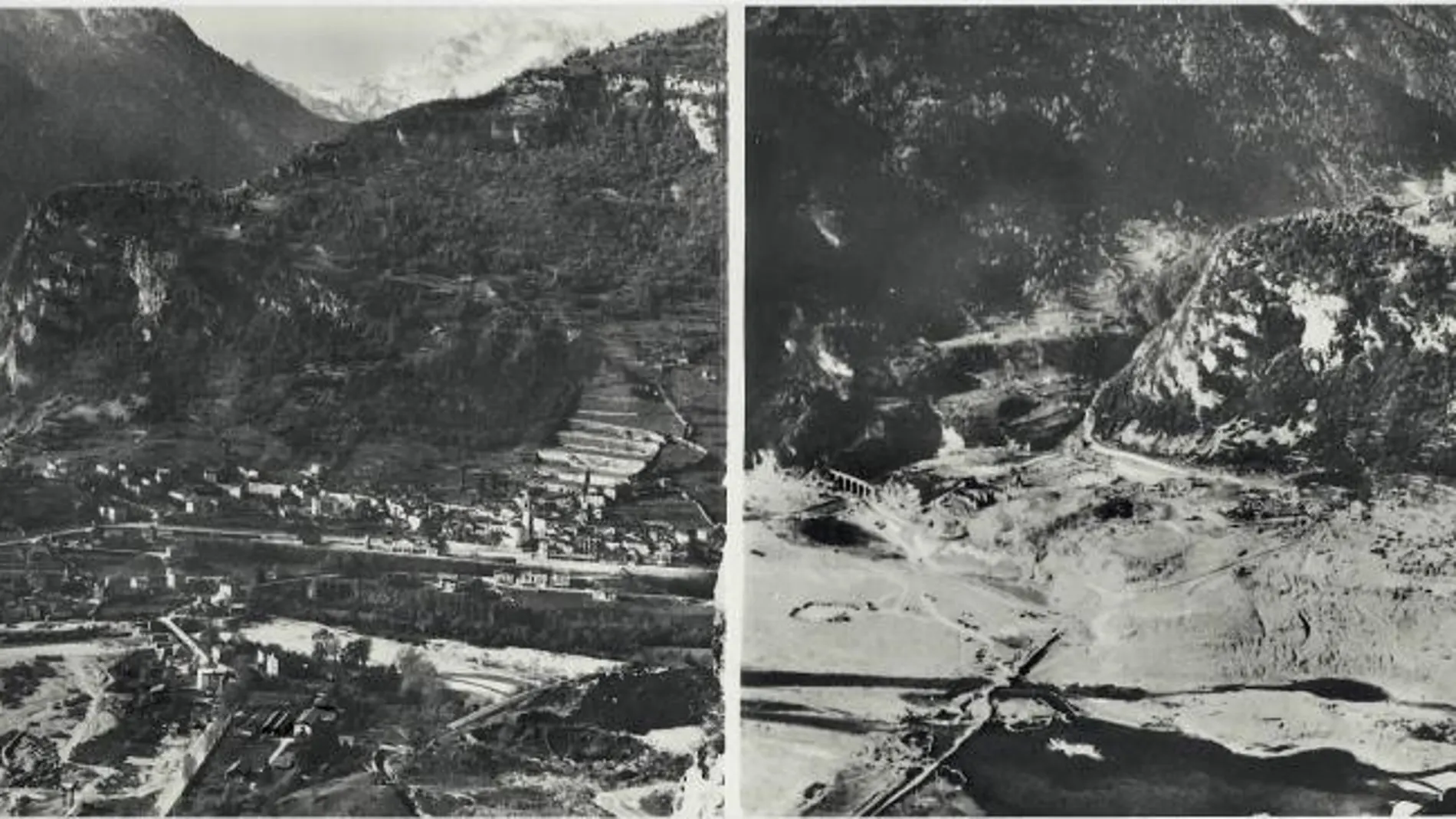 El pueblo de Longarone (Italia) vivió el mayor desastre de Europa en el siglo XX. A la izquierda, la villa antes de la riada. A la derecha, tras el paso del agua