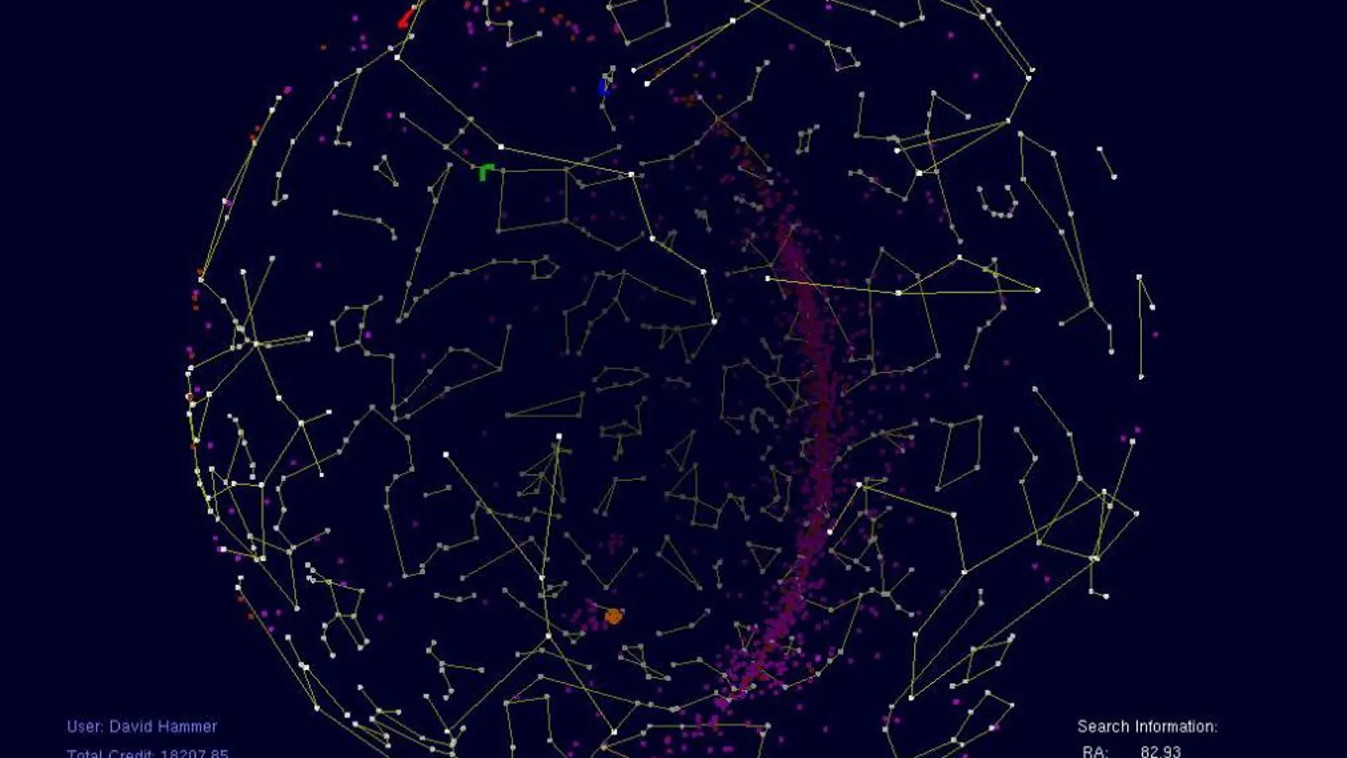 Protector de pantalla de Einstein@Home con información sobre el proceso. Los puntos magenta y rojo son púlsares conocidos y remanentes de supernovas, respectivamente, que se concentran a lo largo del plano de la Vía Láctea. La cruz naranja muestra la posición del cielo que se analiza actualmente.