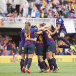 Las jugadoras del Barcelona celebran el gol de Mariona en semifinales