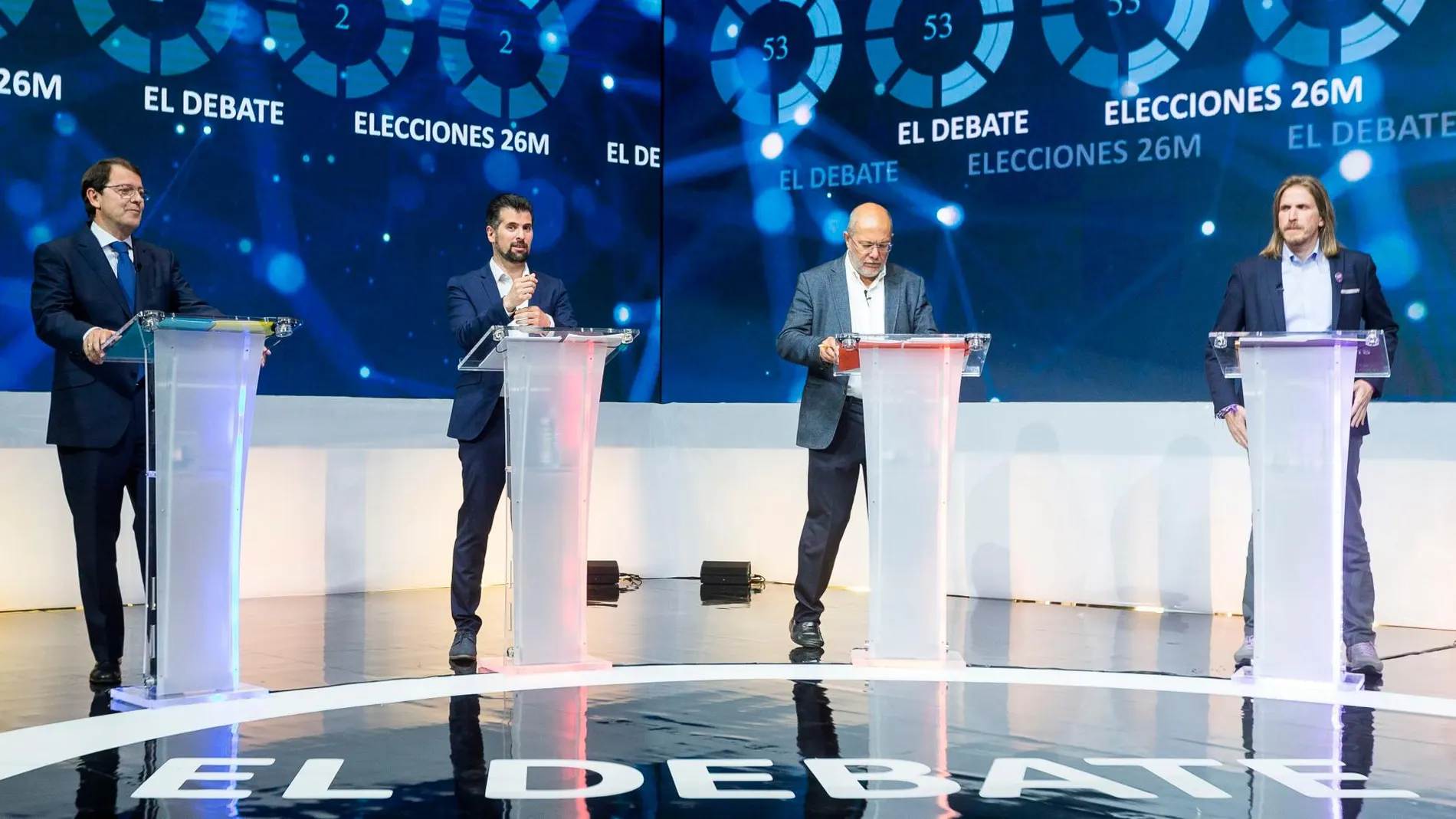 Fernández Mañueco (PP), Luis Tudanca (PSOE), Francisco Igea (Cs) y Pablo Fernández (Podemos-Equo) durante un momento del debate de las pasadas elecciones