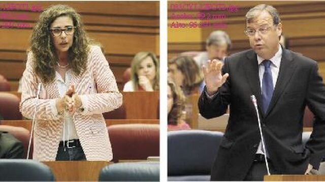 La socialista Ana Muñoz de la Peña, junto a José Francisco Martín, y el consejero Antonio Silván -flanqueado por Cristina Ayala y Villanueva-, en el pleno