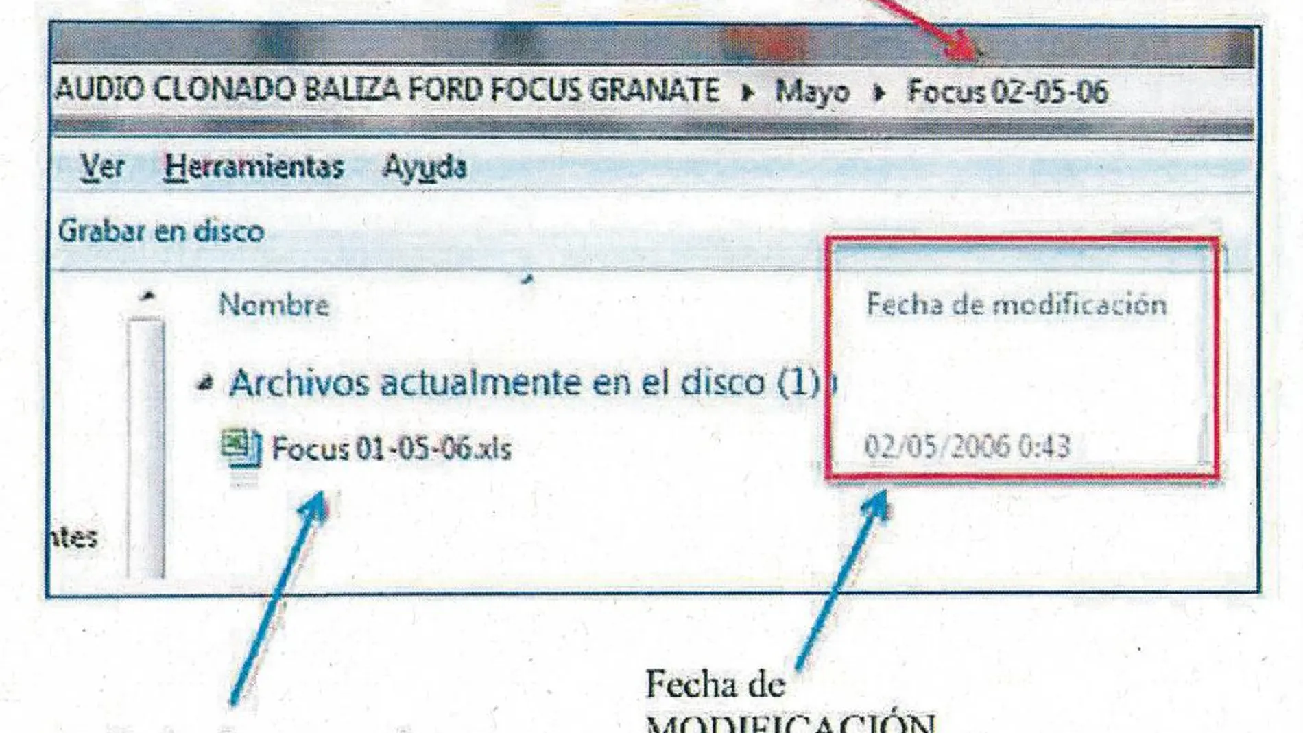 Al comprobar los datos de la radio baliza del 2 de mayo, los peritos descubren que el fichero en realidad lo que almecena son los datos del día1, es decir, que el fichero que contiene es el "focus 01-05-06.xls y el "focus 02-05-06.xls
