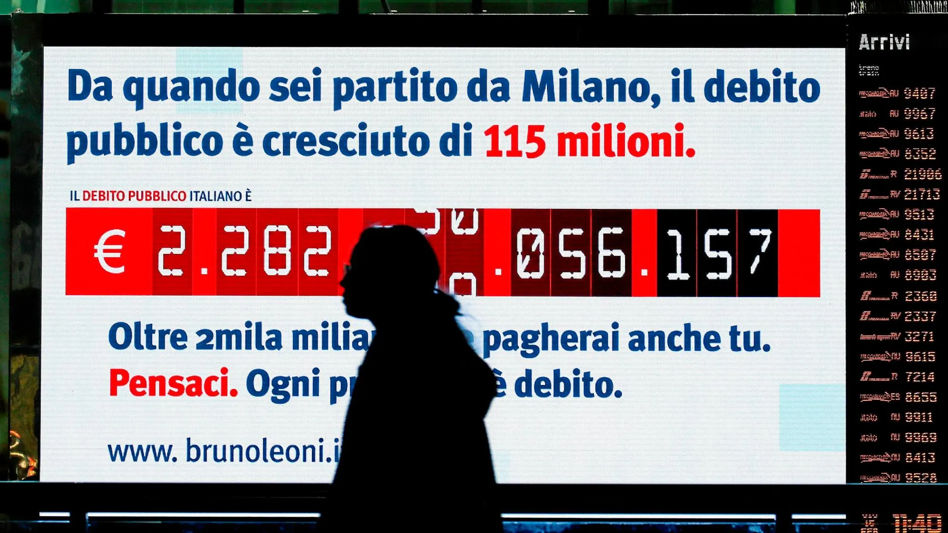 Un panel en la estación de Termini, en Roma, muestra en tiempo real la deuda pública de Italia / Reuters