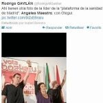 En Twitter, Ángeles Maestro, de CASmadrid, junto a Arnaldo Otegi