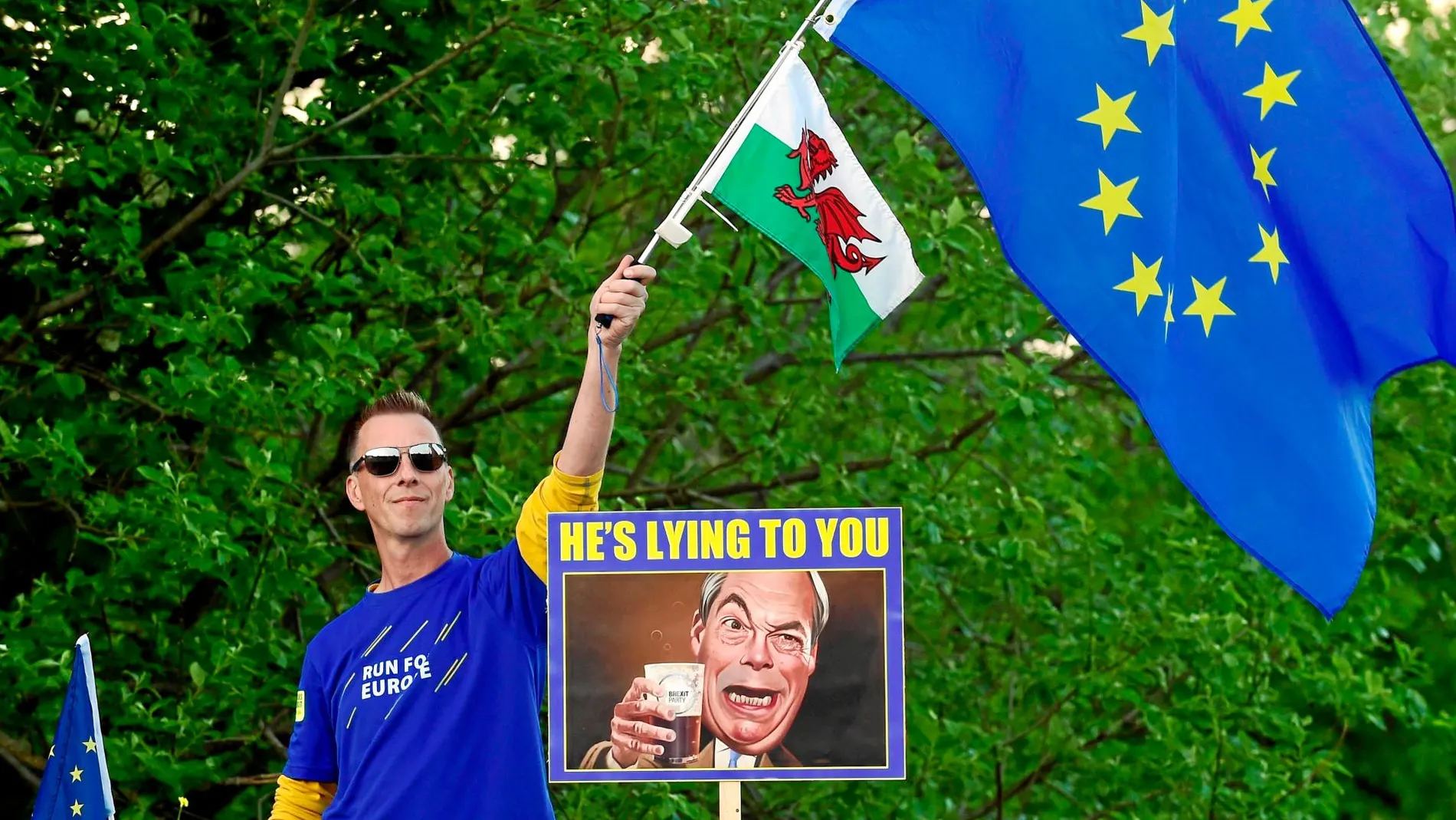 Un partidario de no salir de la UE junto a un cartel recordando las mentiras de Nigel Farage durante la campaña del Brexit / Reuters