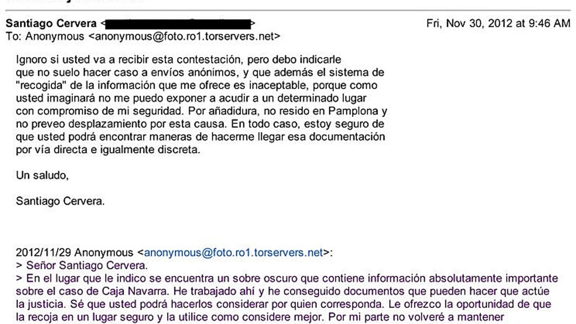 Intercambio de correos entre Cervera y la persona que contactó con él para darle información de Caja Navarra