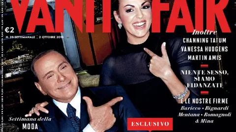 Fotografía facilitada por la revista "Vanity Fair"de la portada de su próximo número, que protagonizan el ex primer ministro italiano Silvio Berlusconi, de casi 77 años de edad, junto a su actual novia, Francesca Pascale, de 28 años.
