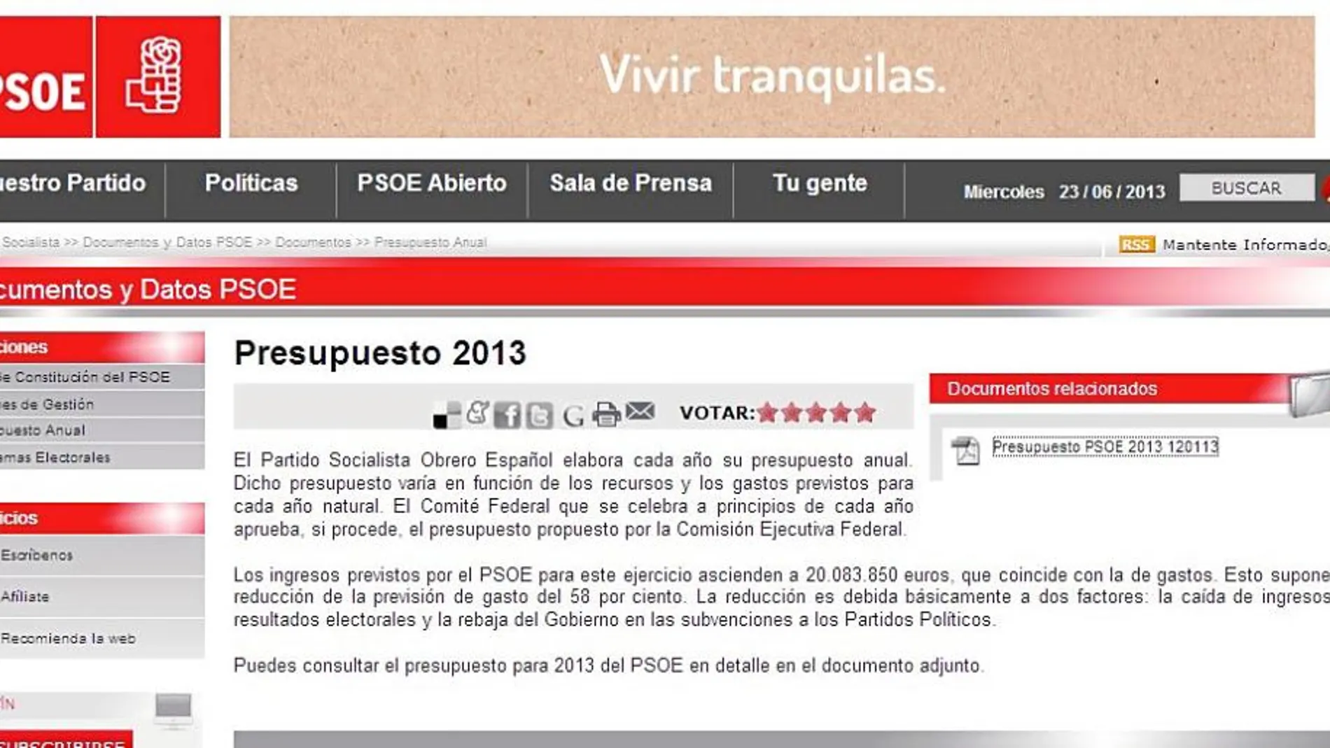 El único documento relativo a las cuentas del PSOE que se puede consultar en la actualidad en la web de esta formación política es precisamente el presupuesto de este año.