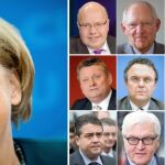 Angela Merkel a la izquierda. A la derecha, de arriba a abajo y de izquierda a derecha, Peter Altmeier (Cancillería), Wolfgang Schaeuble (Finanzas), Ursula von der Leyen (Defensa), Thomas de Maiziere (Interior), Johanna Wanka (Educacion); Hermann Groehe (Sanidad), Hans-Peter Friedrich (Agricultura), Gerd Mueller (Asuntos Exteriores), Alexander Dobrindt (Transporte), Barbara Hendricks (Medio Ambiente); Sigmar Gabriel (Energía and Economia), Frank-Walter Steinmeier (Asuntos Exteriores), Andrea Nahles (Trabajo y Asuntos Sociales), Heiko Maas (Justicia), and Manuela Schwesig (Familia).