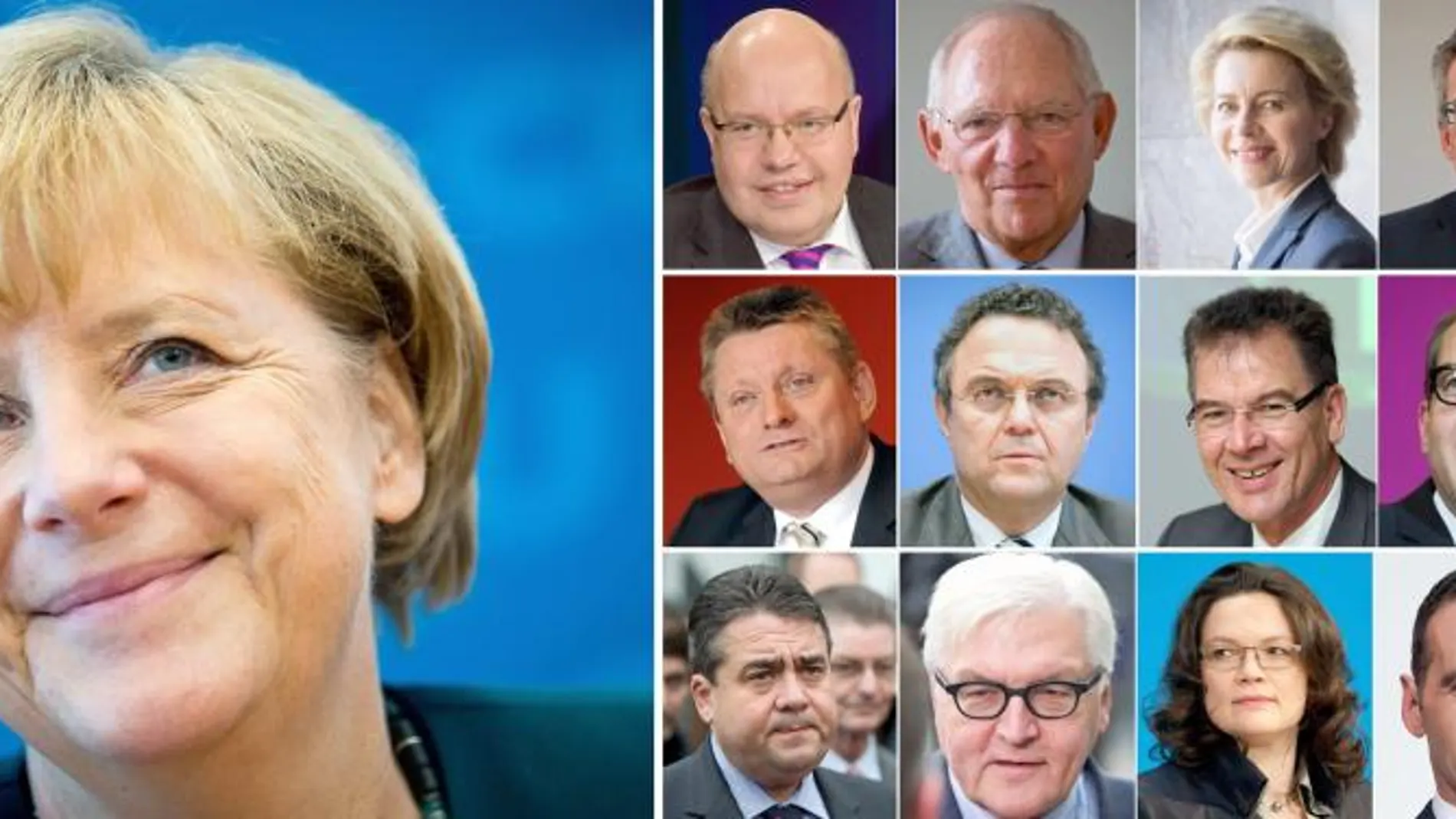 Angela Merkel a la izquierda. A la derecha, de arriba a abajo y de izquierda a derecha, Peter Altmeier (Cancillería), Wolfgang Schaeuble (Finanzas), Ursula von der Leyen (Defensa), Thomas de Maiziere (Interior), Johanna Wanka (Educacion); Hermann Groehe (Sanidad), Hans-Peter Friedrich (Agricultura), Gerd Mueller (Asuntos Exteriores), Alexander Dobrindt (Transporte), Barbara Hendricks (Medio Ambiente); Sigmar Gabriel (Energía and Economia), Frank-Walter Steinmeier (Asuntos Exteriores), Andrea Nahles (Trabajo y Asuntos Sociales), Heiko Maas (Justicia), and Manuela Schwesig (Familia).