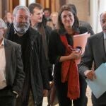 Ignacio Fernández Toxo, Cándido Méndez, Soraya Rodríguez y Rubalcaba, antes de la reunión