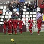 VALLADOLID, 12/01/2013.- Los jugadores del Mallorca celebran el gol marcado ante el Valladolid durante el partido correspondiente a la decimonovena jornada de Liga de Primera División disputado esta tarde en el estadio Zorrilla. EFE/R.GARCIA.