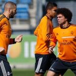 Benzema y Pepe, en el entrenamiento de esta mañana en Valdebebas