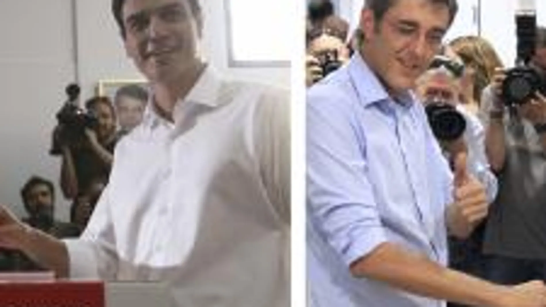 De izquierd a derecha, votando, Pedro Sánchez, Eduardo Madina y José Antonio Pérez Tapias.