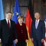 Petro Poroshenko, Angela Merkel y Joe Biden hoy en Múnich.
