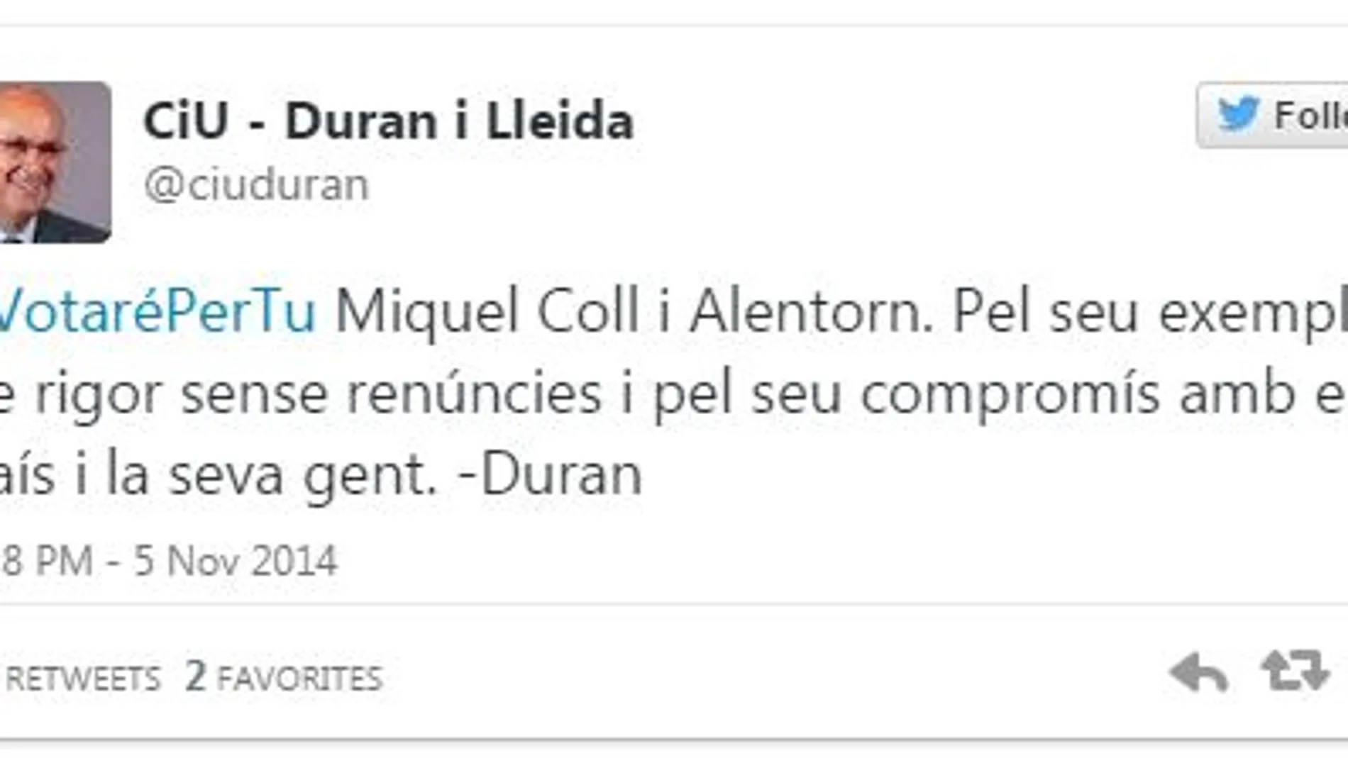 Duran afirma que votará el 9N por el histórico dirigente de Unió Miquel Coll
