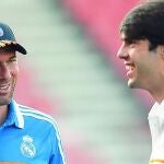 Zinedine Zidane conversa con Kaká durante el entrenamiento