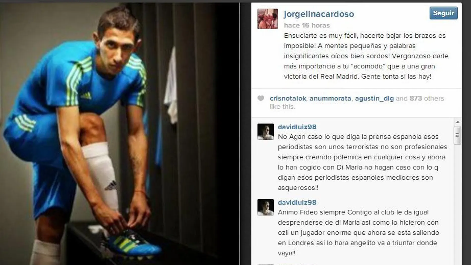 Mensaje en el que Jorgelina Cardoso, mujer de Di María, sale en defensa del jugador argentino del Real Madrid