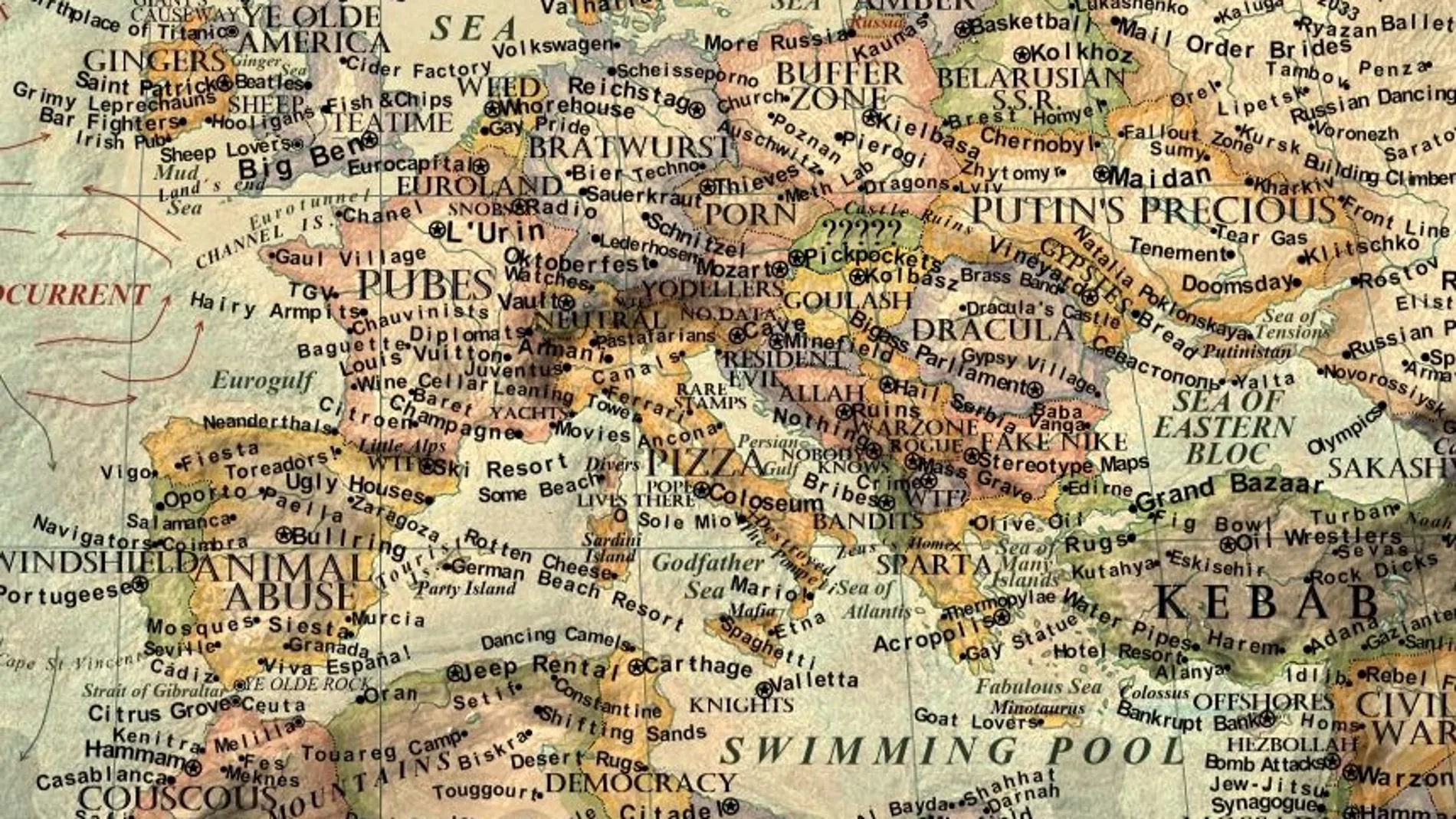 Mapa de Europa, con algunos de los estereotipos más polémicos
