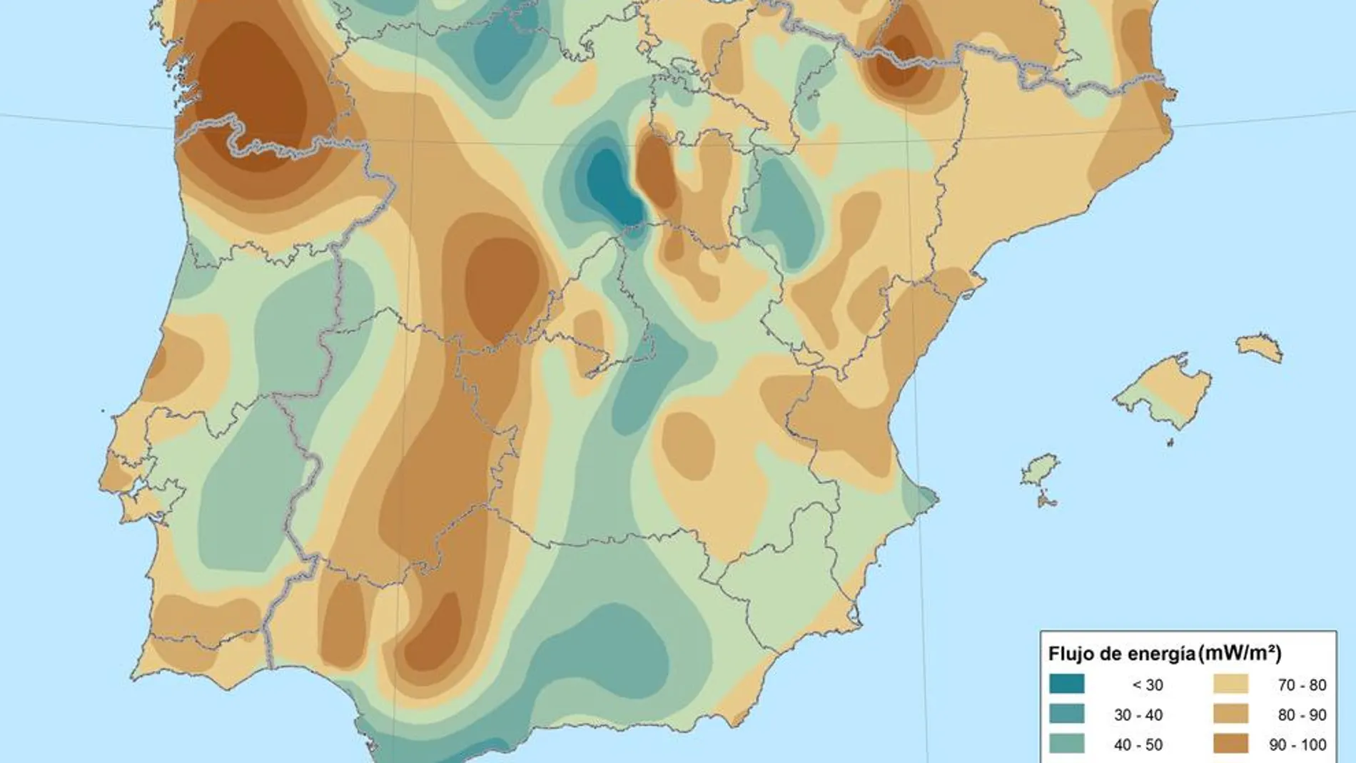 Mapa de flujo de calor en superficie de la península ibérica