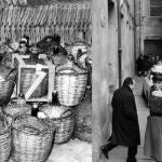 Garrafas y otros recipientes intervenidos por la policía, que sirvieron como prueba en el sumario de la causa del orujo metílico (metanol). A la derecha, el bodeguero ourensano Rogelio Aguiar abandona el tribunal a la espera de conocer el fallo judicial por la intoxicación que provocó y que sabía que podía ser letal.